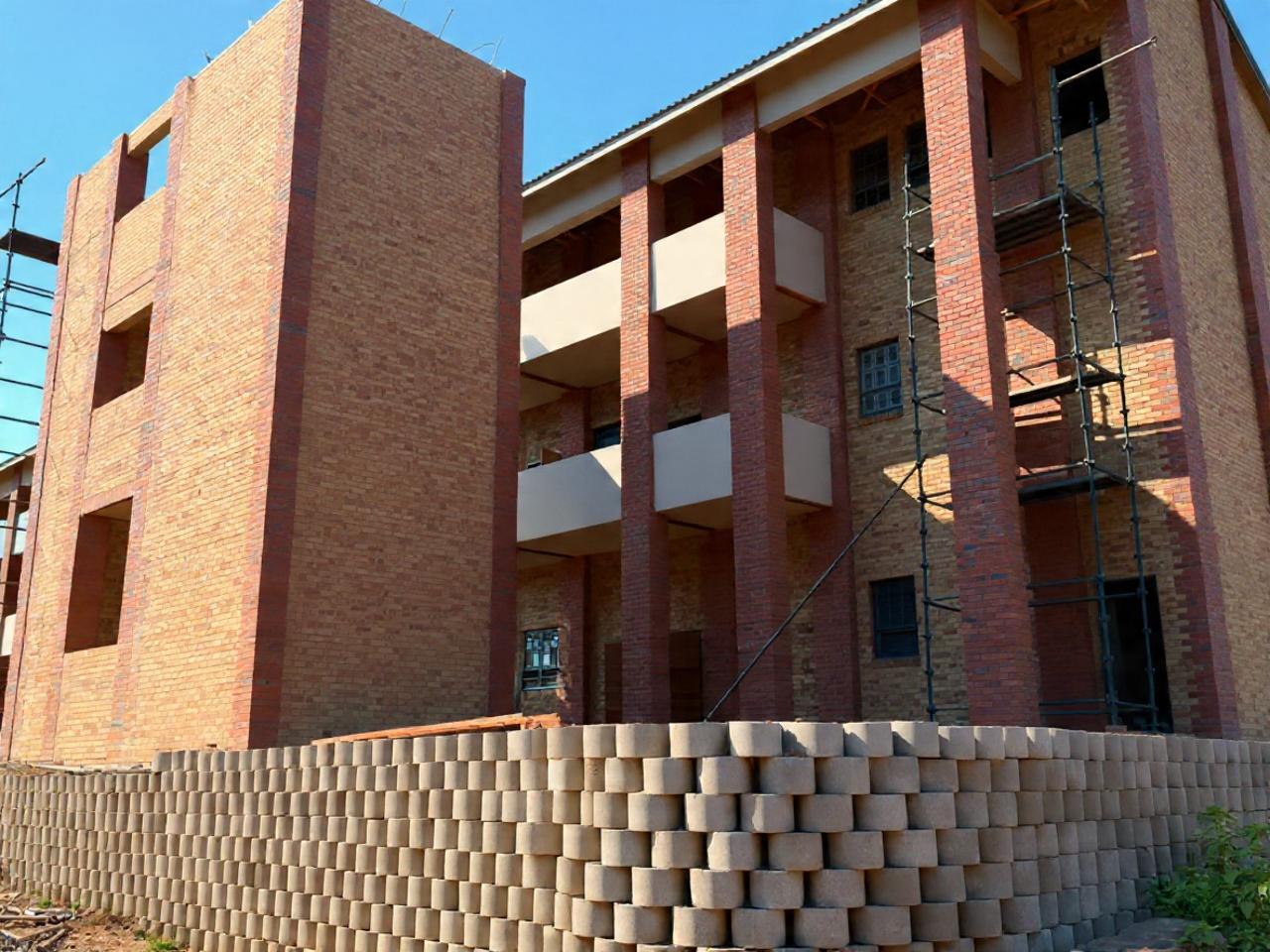 Completed commercial brick building with recessed balconies and face-brick facade